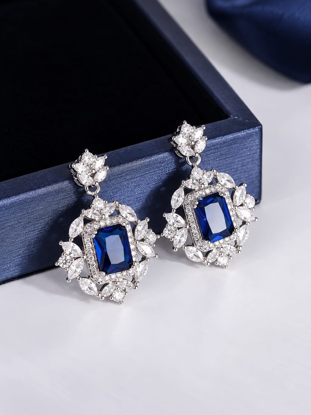 Blue Crystal Drop Earrings with Silver-Tone Halo